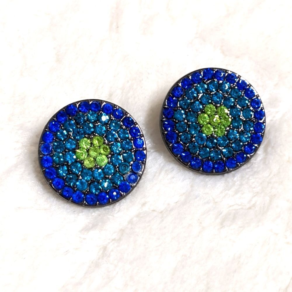 Vintage Sparkly Blue & Green Rhinestone Button Pierced Earrings - Picture 2 of 7